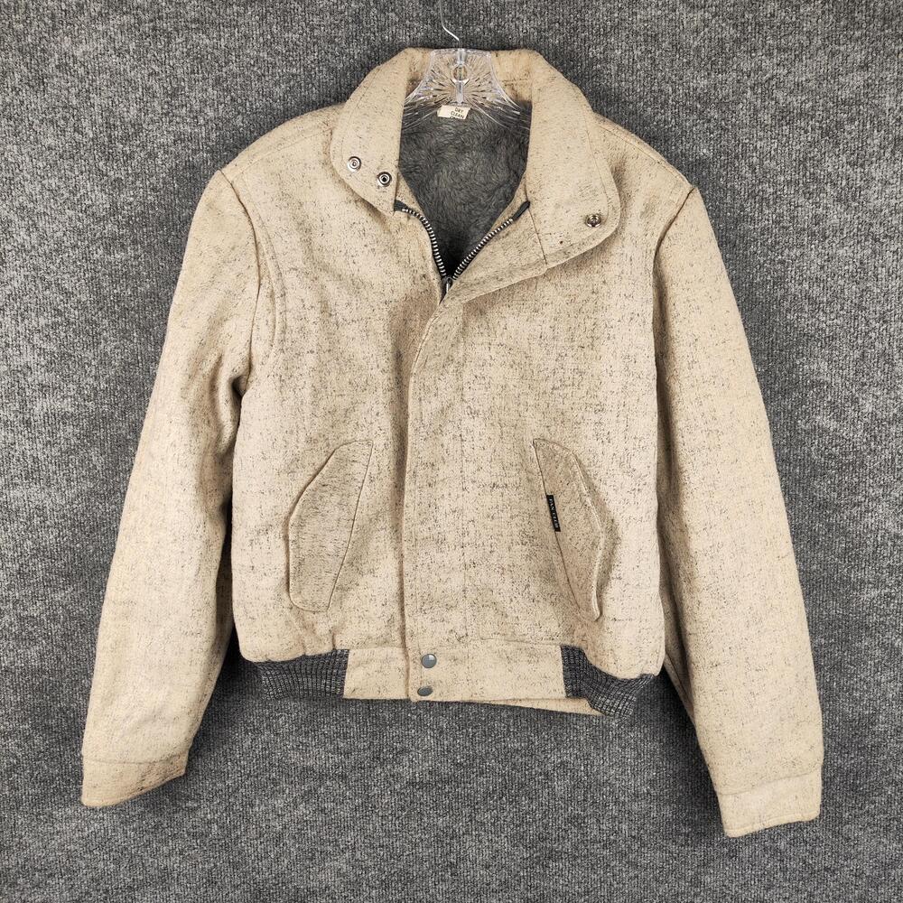 Fan Club Jacket Mens 36 Beige Wool Tweed Bomber Faux Fur Lined Winter Zip